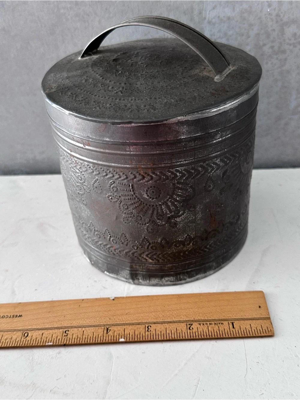 Antique Primitive 19th Century Hand Punched Tin Canister | American Folk Art